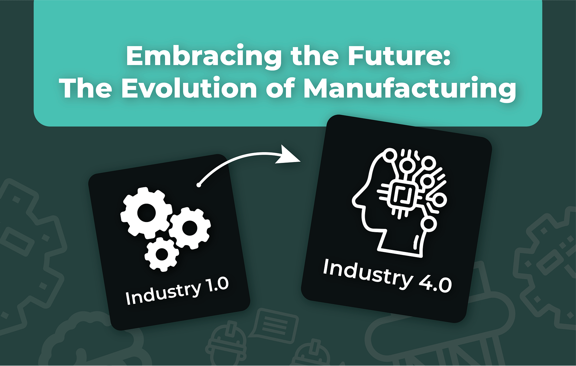 Illustration showing the transition from Industry 1.0, represented by gears, to Industry 4.0, symbolized by a digital head with circuitry. The text reads 'Embracing the Future: The Evolution of Manufacturing'. The image highlights the progression of manufacturing technologies.